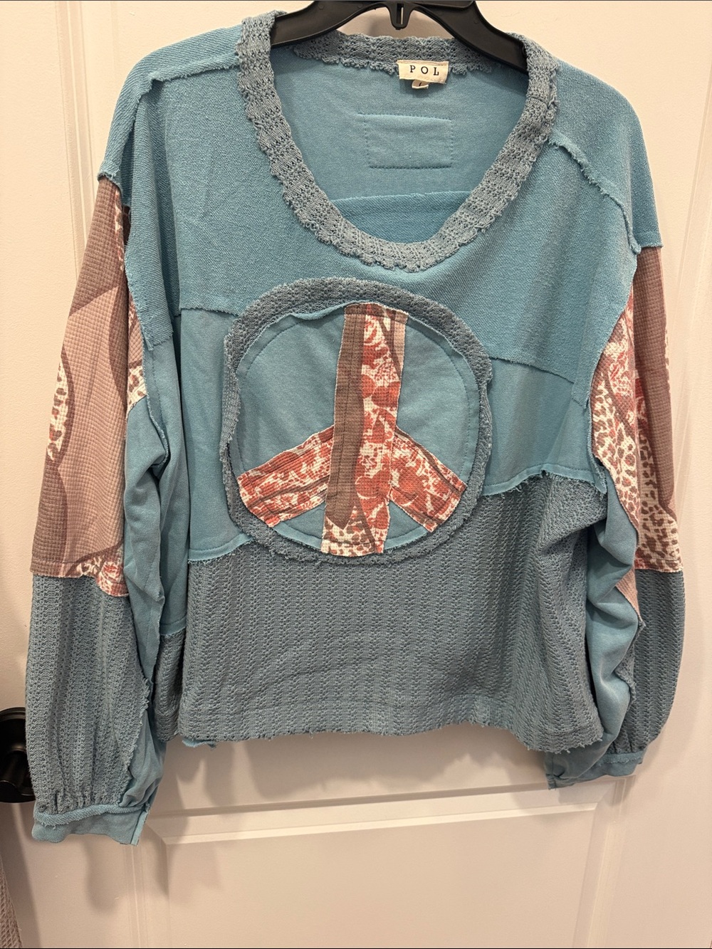 POL Patchwork Peace Sign Teal Long-Sleeve Top